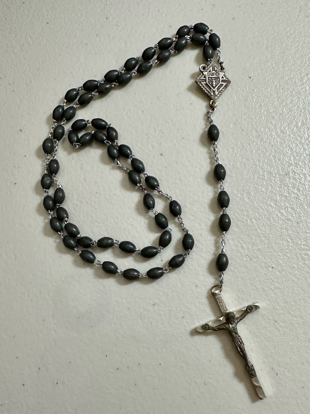Vintage Black Bead Catholic K of C Rosary Necklace with Silver Crucifix